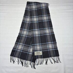 Aran Sweater Market Made in Ireland 100% Merino Wool Grey/Blue Plaid Scarf 64x11